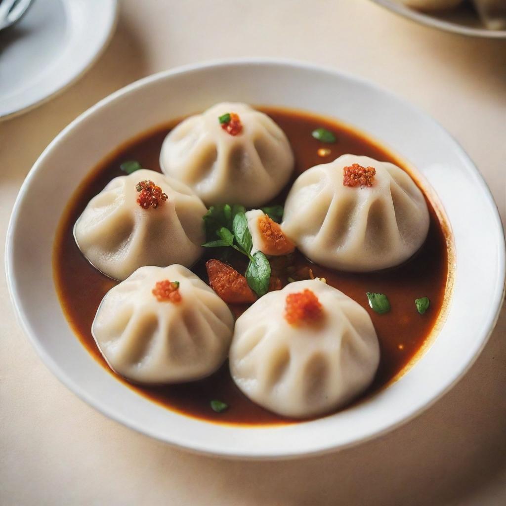 A high definition photo of mantu, a traditional dumpling dish, beautifully plated with garnishing. The image has an Instagram-style filter for a warm and inviting appearance.