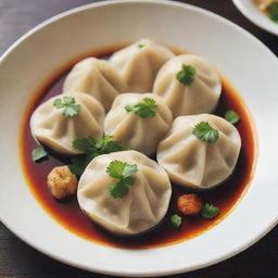 A high definition photo of mantu, a traditional dumpling dish, beautifully plated with garnishing. The image has an Instagram-style filter for a warm and inviting appearance.