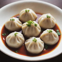 A high definition photo of mantu, a traditional dumpling dish, beautifully plated with garnishing. The image has an Instagram-style filter for a warm and inviting appearance.