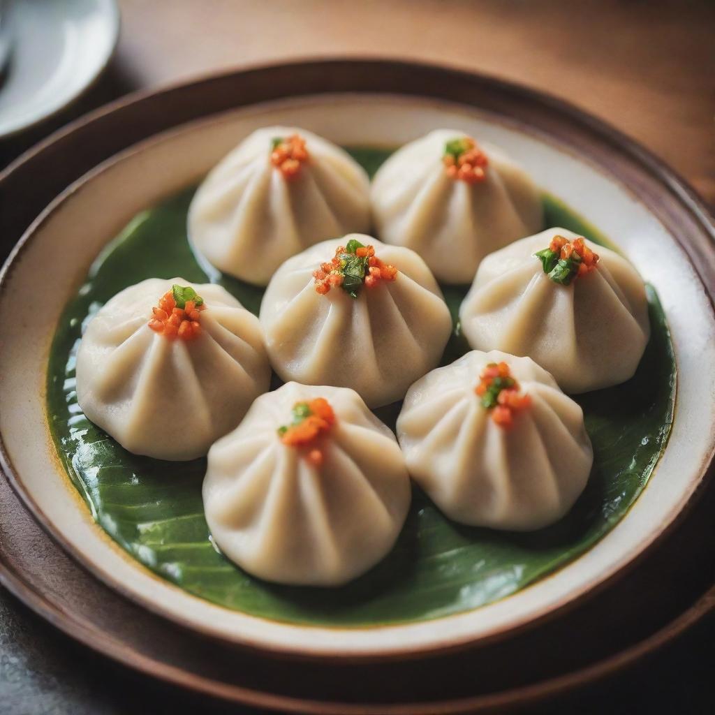 A high definition photo of mantu, a traditional dumpling dish, beautifully plated with garnishing. The image has an Instagram-style filter for a warm and inviting appearance.