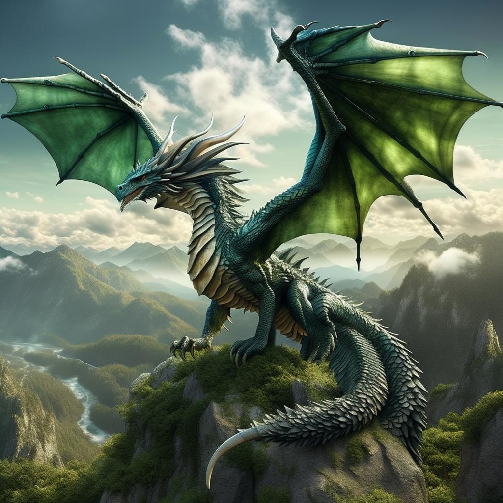 Visualize a majestic dragon, with emerald green scales glistening in the sun, flying against a cerulean sky with mountainous landscapes beneath