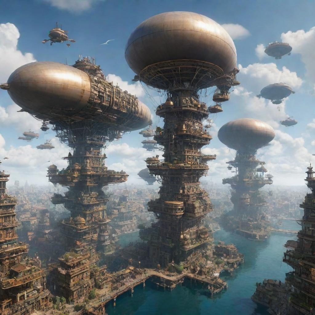 An Airpunk-style city with large floating islands, airships zipping across the sky, tall towers extending into the clouds, and bustling with pipe-lined buildings and aerial walkways