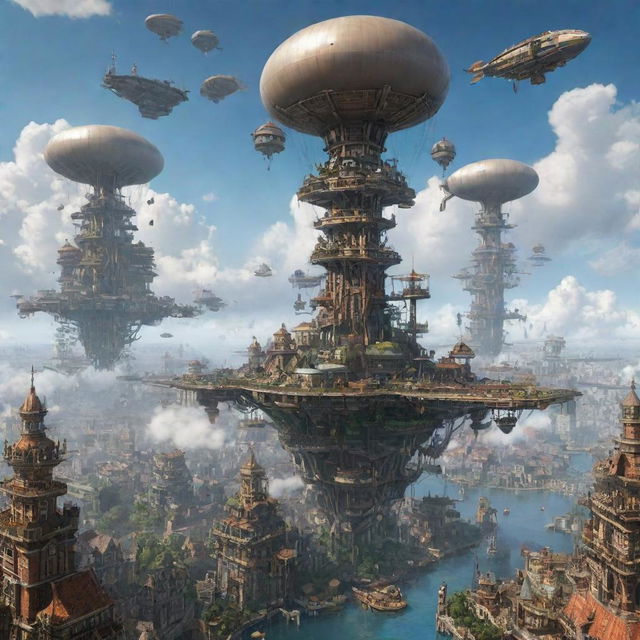 An Airpunk-style city with large floating islands, airships zipping across the sky, tall towers extending into the clouds, and bustling with pipe-lined buildings and aerial walkways