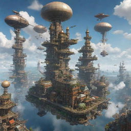 An Airpunk-style city with large floating islands, airships zipping across the sky, tall towers extending into the clouds, and bustling with pipe-lined buildings and aerial walkways