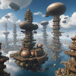 An Airpunk-style city with large floating islands, airships zipping across the sky, tall towers extending into the clouds, and bustling with pipe-lined buildings and aerial walkways