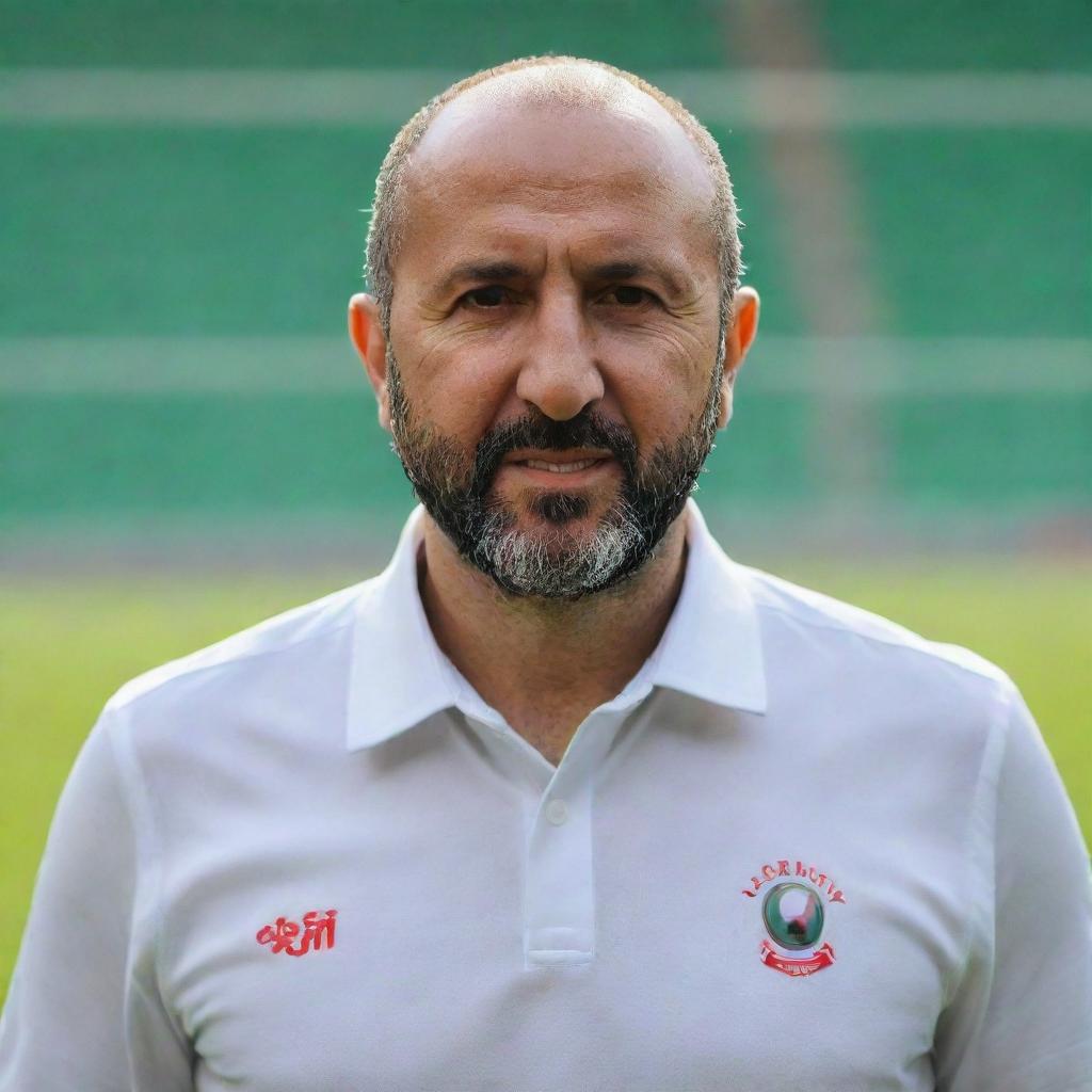 Jamal Belmadi, the Algerian football coach, in confident pose on a football field with a bright green background, sunlight creating a dramatic effect.