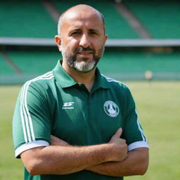 Jamal Belmadi, the Algerian football coach, in confident pose on a football field with a bright green background, sunlight creating a dramatic effect.