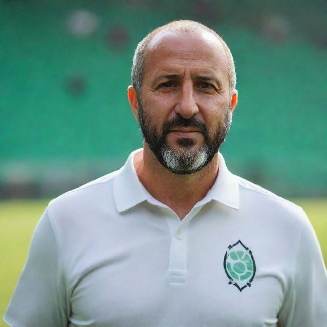 Jamal Belmadi, the Algerian football coach, in confident pose on a football field with a bright green background, sunlight creating a dramatic effect.