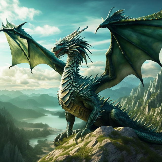 Visualize a majestic dragon, with emerald green scales glistening in the sun, flying against a cerulean sky with mountainous landscapes beneath