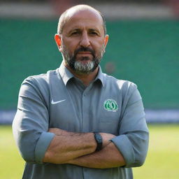 Jamal Belmadi, the Algerian football coach, in confident pose on a football field with a bright green background, sunlight creating a dramatic effect.