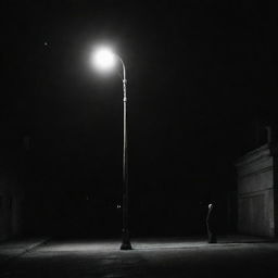 A solitary man standing under the glow of a street light at night