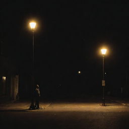 A solitary man standing under the glow of a street light at night