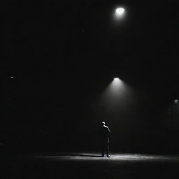 A solitary man standing under the glow of a street light at night