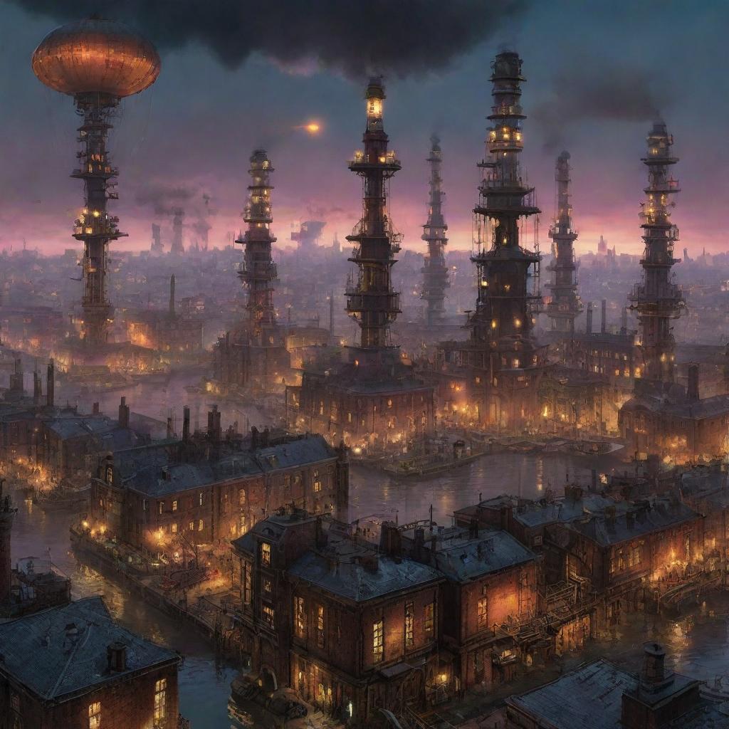 A Gaspunk-style cityscape, fuelled by strange gases, with towering industrial facilities, venting chimneys, airships tethered to mooring towers, and a vibrant city aglow with gas-lit lamplights