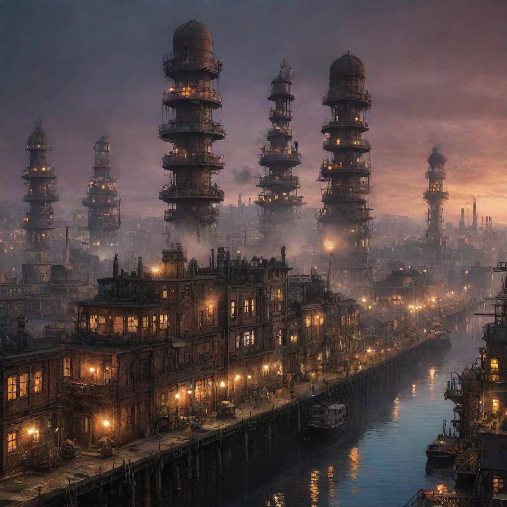 A Gaspunk-style cityscape, fuelled by strange gases, with towering industrial facilities, venting chimneys, airships tethered to mooring towers, and a vibrant city aglow with gas-lit lamplights