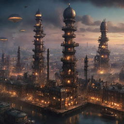 A Gaspunk-style cityscape, fuelled by strange gases, with towering industrial facilities, venting chimneys, airships tethered to mooring towers, and a vibrant city aglow with gas-lit lamplights