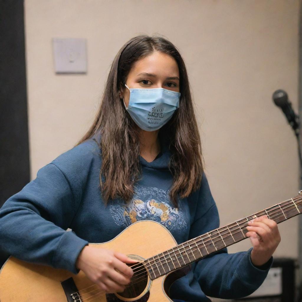 A girl with shoulder-length hair, wearing a mask and a Gryzel hoodie, sings and plays guitar in a music studio.