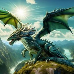 Visualize a majestic dragon, with emerald green scales glistening in the sun, flying against a cerulean sky with mountainous landscapes beneath