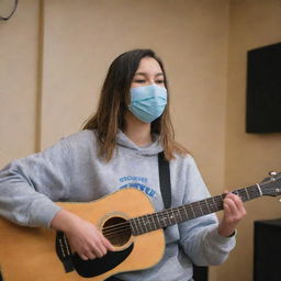 A girl with shoulder-length hair, wearing a mask and a Gryzel hoodie, sings and plays guitar in a music studio.