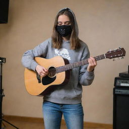 A girl with shoulder-length hair, wearing a mask and a Gryzel hoodie, sings and plays guitar in a music studio.