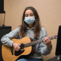 A girl with shoulder-length hair, wearing a mask and a Gryzel hoodie, sings and plays guitar in a music studio.