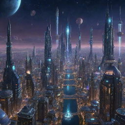 A Starpunk-style cityscape, as it would appear in an advanced, space-faring civilization, teeming with starships, towering structures bejeweled with twinkling lights, and a wide array of celestial bodies in the night sky