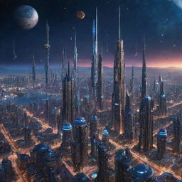 A Starpunk-style cityscape, as it would appear in an advanced, space-faring civilization, teeming with starships, towering structures bejeweled with twinkling lights, and a wide array of celestial bodies in the night sky