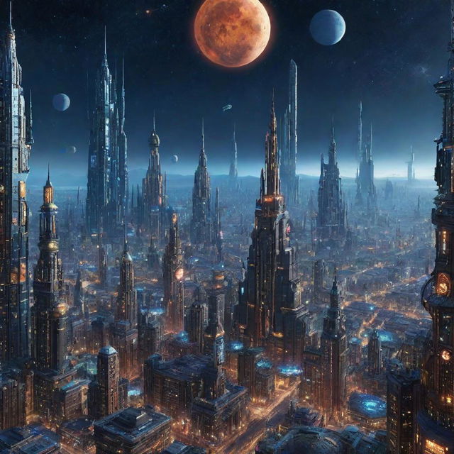 A Starpunk-style cityscape, as it would appear in an advanced, space-faring civilization, teeming with starships, towering structures bejeweled with twinkling lights, and a wide array of celestial bodies in the night sky