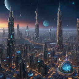 A Starpunk-style cityscape, as it would appear in an advanced, space-faring civilization, teeming with starships, towering structures bejeweled with twinkling lights, and a wide array of celestial bodies in the night sky