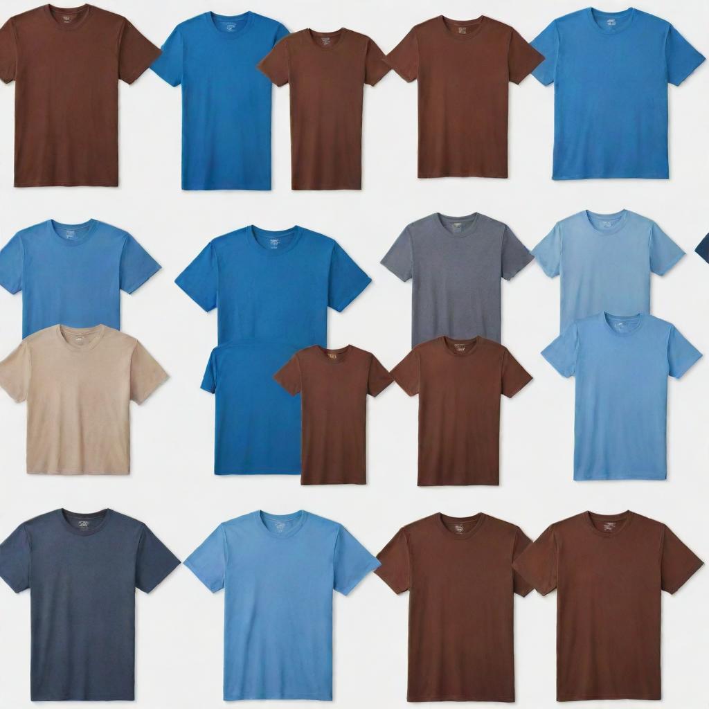 Images of blue and brown t-shirts, each on a white background