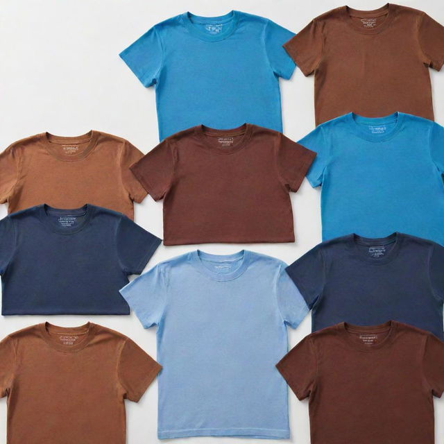 Images of blue and brown t-shirts, each on a white background