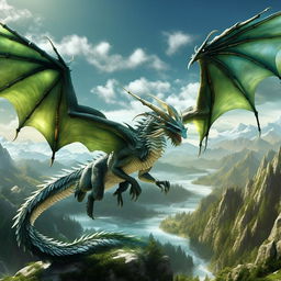 Visualize a majestic dragon, with emerald green scales glistening in the sun, flying against a cerulean sky with mountainous landscapes beneath