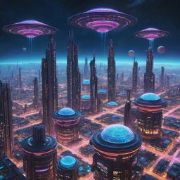 A Spacepunk-style cityscape featuring floating space colonies, futuristic architecture with high-tech, vibrant neon elements, and a view of distant galaxies and cosmic bodies