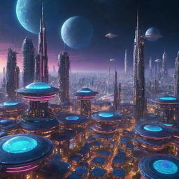 A Spacepunk-style cityscape featuring floating space colonies, futuristic architecture with high-tech, vibrant neon elements, and a view of distant galaxies and cosmic bodies