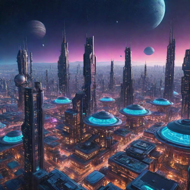 A Spacepunk-style cityscape featuring floating space colonies, futuristic architecture with high-tech, vibrant neon elements, and a view of distant galaxies and cosmic bodies