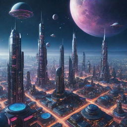 A Spacepunk-style cityscape featuring floating space colonies, futuristic architecture with high-tech, vibrant neon elements, and a view of distant galaxies and cosmic bodies