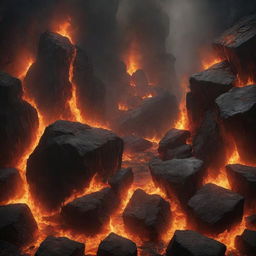 A dramatic depiction of a fiery underworld filled with roaring flame, jagged rocks, and an ominous gloom, devoid of any harmful, offensive or overly disturbing elements.