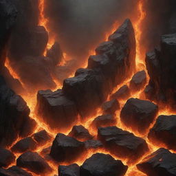 A dramatic depiction of a fiery underworld filled with roaring flame, jagged rocks, and an ominous gloom, devoid of any harmful, offensive or overly disturbing elements.