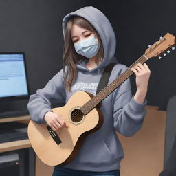 Anime style illustration of a girl with shoulder length hair, wearing a mask and a Gryzel hoodie. She is playing a guitar and singing, her back to the viewer, in a music studio.