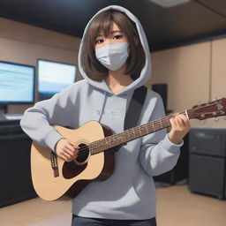 Anime style illustration of a girl with shoulder length hair, wearing a mask and a Gryzel hoodie. She is playing a guitar and singing, her back to the viewer, in a music studio.