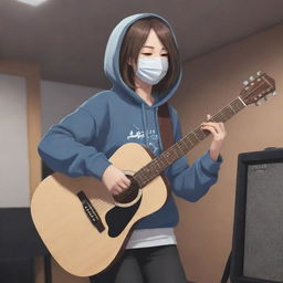 Anime style illustration of a girl with shoulder length hair, wearing a mask and a Gryzel hoodie. She is playing a guitar and singing, her back to the viewer, in a music studio.