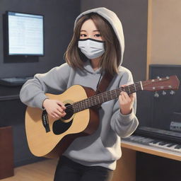 Anime style illustration of a girl with shoulder length hair, wearing a mask and a Gryzel hoodie. She is playing a guitar and singing, her back to the viewer, in a music studio.