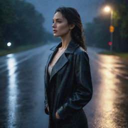 A realistic image of a beautiful woman standing on a rain-soaked road, viewed from a side angle amid the soft night ambiance.