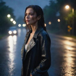 A realistic image of a beautiful woman standing on a rain-soaked road, viewed from a side angle amid the soft night ambiance.