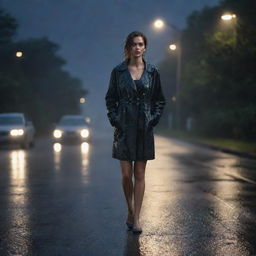 A realistic image of a beautiful woman standing on a rain-soaked road, viewed from a side angle amid the soft night ambiance.