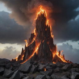 Intensify the fiery underworld image: more towering infernos, nocturnal skies thick with foreboding, rocks transformed into grotesque shapes. Add harrowing winds and sulfurous clouds, but maintain balance, not venturing into offensive or excessively disturbing visuals.