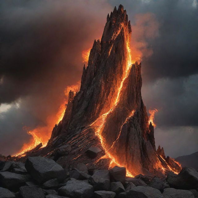 Intensify the fiery underworld image: more towering infernos, nocturnal skies thick with foreboding, rocks transformed into grotesque shapes. Add harrowing winds and sulfurous clouds, but maintain balance, not venturing into offensive or excessively disturbing visuals.