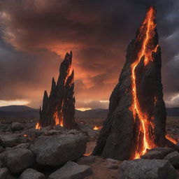 Intensify the fiery underworld image: more towering infernos, nocturnal skies thick with foreboding, rocks transformed into grotesque shapes. Add harrowing winds and sulfurous clouds, but maintain balance, not venturing into offensive or excessively disturbing visuals.