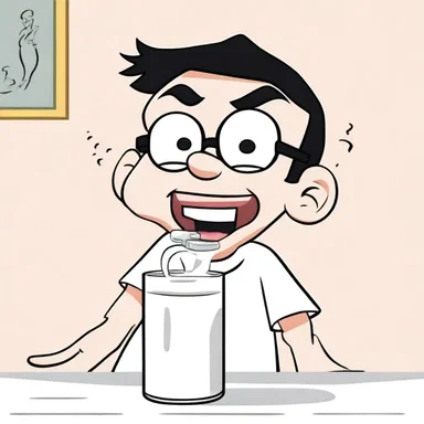 The cartoon character displayed exaggerated expressions of the suckling reflex while drinking a bottle of milk.