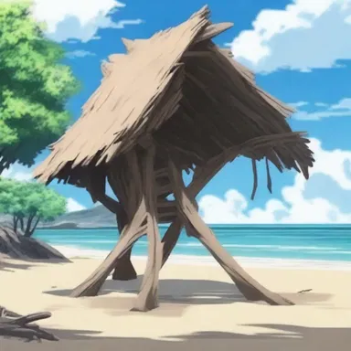In the anime series, the protagonist found a piece of driftwood on the beach and used it to build a makeshift shelter.